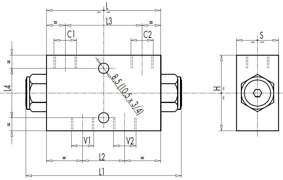 Dimensiones Válvula hidráulica, válvula de retención, doble desbloqueo, G 3/8"